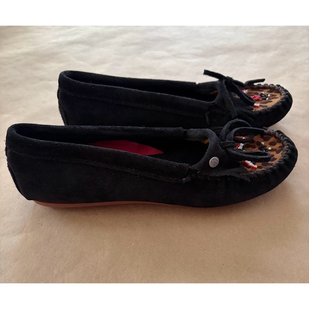 Minnetonka Thunderbird II Black Suede Leopard Beaded Moccasins 8.5 New Southwest - Picture 2 of 5
